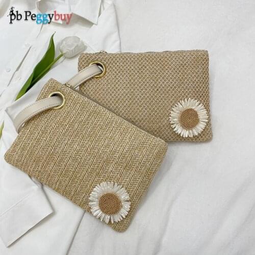 Women Summer Retro Straw Knitted Handbag Fashion Beach Vacation Woven Sunflower Wristlet Bag Women Small Handbags Purse