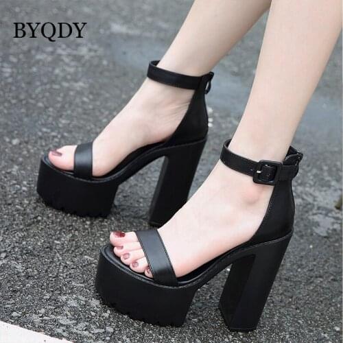 BYQDY 2021 Summer Ankle Strap Platform High Heels Pumps Open Peep Toe Chunky Heels Solid Black Ladies Shoes Cover Heels Footwear