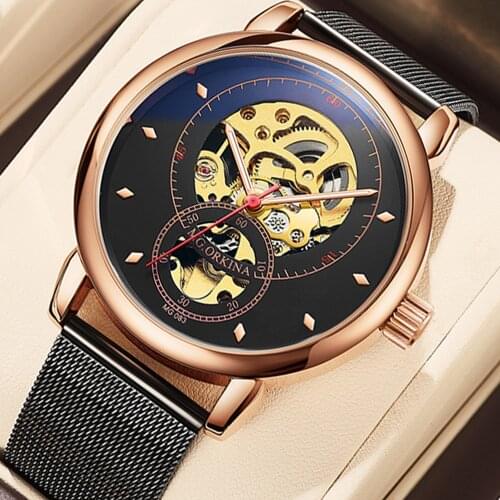 MGORKINA Mens Watches Luxury Top Brand Mechanical Clock Skeleton Transparent Cool Design Mesh Stainless Steel Mens Wristwatches