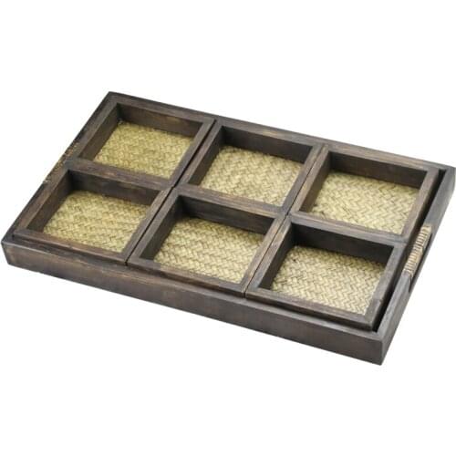 7pcs/set Wood&Rattan Serving Trays with Handle Nesting Multipurpose Trays - for Breakfast, Coffee Table/Butler & Chinese Tea