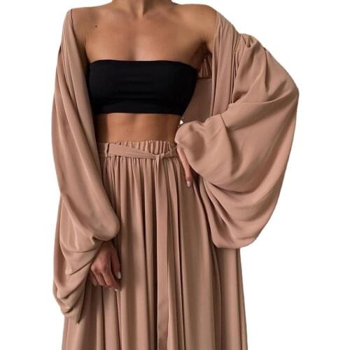 Fancee 3 Piece Sets Pajamas for Women Homewear Fashion Casual Lantern Sleeve Cardigan Tops+Wide Leg Pants Suits Home Cloth