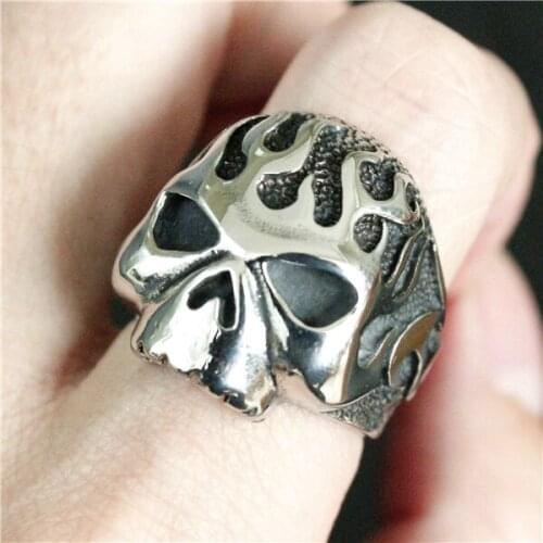 Drop Ship Size 7 to 14 Cool Heavy Flame Biker Skull Ring 316L Stainless Steel Top Quality Polishing Motorcycles Biker Ring