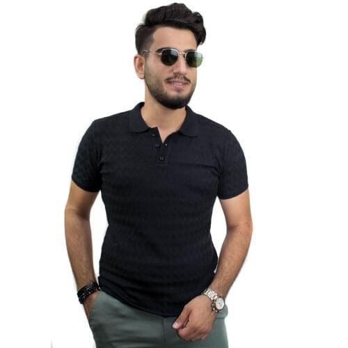 Kulemoda black color polo collar unisex knit t-shirt with zigzag pattern two button closures