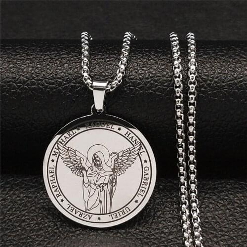 RAPHAEL MICHAEL RAGUEL GABRIEL URIEL HANIEL AZRAEL Statement Necklace Silver Color Round Necklaces Seven Angels Jewery XH279S03