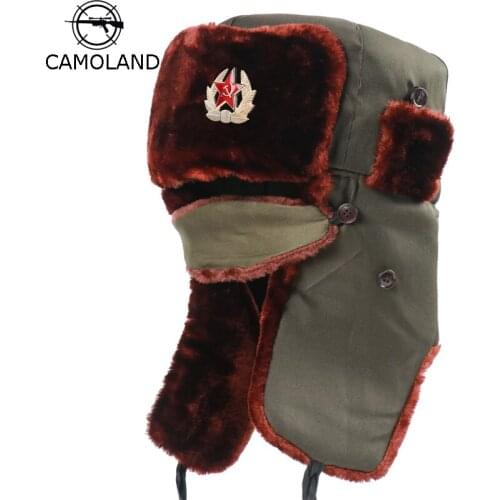 CAMOLAND Soviet Army Military Badge Winter Hat For Women Men Warm Bomber Hats Thermal Faux Fur Earflap Caps Outdoor Snow Cap