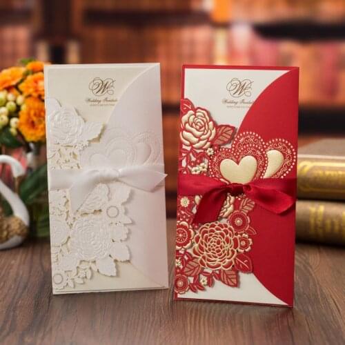 50pcs/lot Laser Cut Floral Wedding Invitations Card Set Lace Ribbon Vertical Customize Save the Date Engagement Marriage Invites