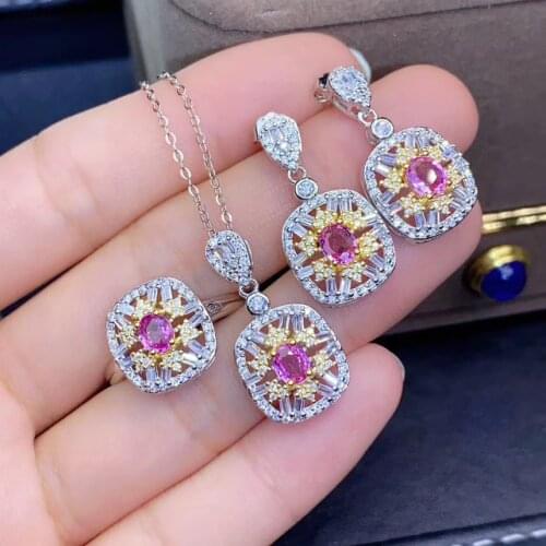 Real Natural Sapphire jewelry set Natural Real Sapphire 925 sterling silver 1pc pendant,1pc ring,2pcs Earring