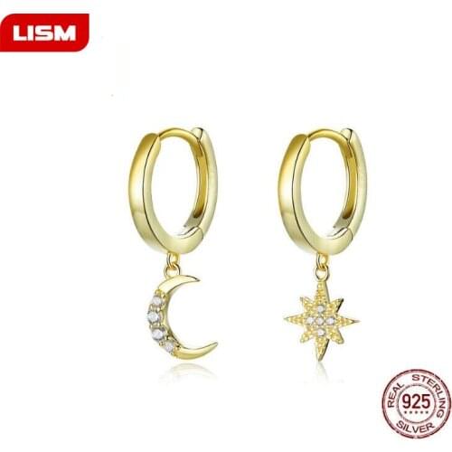 Genuine 925 Sterling Silver Moon and Star Dangle Earrings with Charm Clear CZ Gold Color Jewelry 2020 New Bijoux