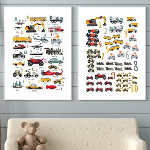 Toy Car Airplane Scooter Bus Number Nordic Posters And Prints Art Canvas Painting Alphabet Wall Pictures For Kids Room Decor