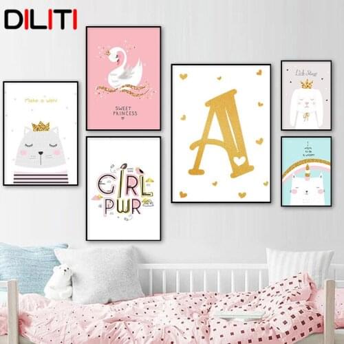 Cusomize Capital Letter Canas Painting Cartoon Animal Pink Swan Quote Posters and Prints Nursery Baby Wall Art for Child Room