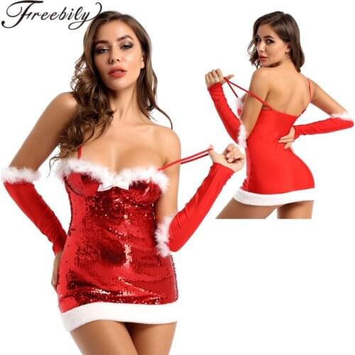 Christmas Dress Women Scale Sequins Santa Dresses With Waist Belt And Detachable Cuffs Christmas Cosplay Party Costume Dress Up