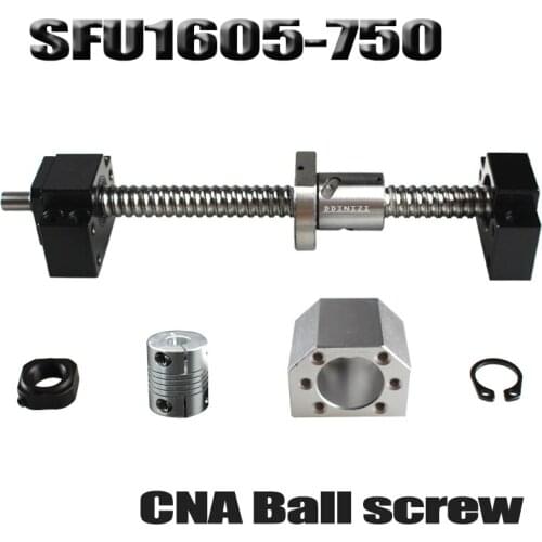 Ballscrew 750mm SFU1605 rolled ball screw C7 with end machined +1605 ball nut + nut housing+BK/BF12 end support + coupler RM1605