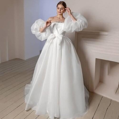 Chic Boho Wedding Dresses 2021 Long Puff Sleeve Wedding Gowns Lace Vintage Bride Dress Plus Size Beach Corset Back Bow Mariage