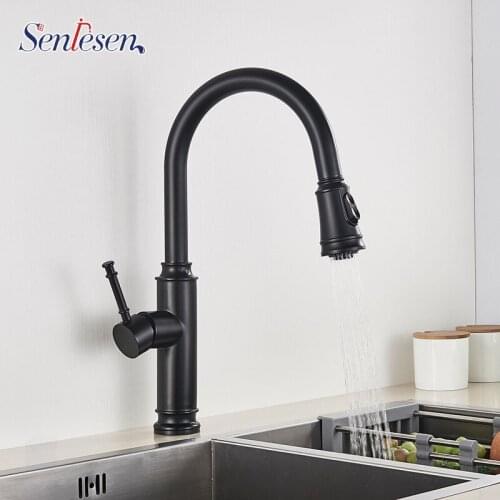 Senlesen Kitchen Faucet Matte Black/Nickle Brass Pull Out Mixer Tap Deck Mounted Double Water Modes Hot and Cold Water