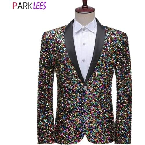 Colorful Sequin Bling Glitter Suit Blazer Men Shawl Collar 1 Button Wedding Stage Singers Shiny Mens Suit Jacket Prom Costume