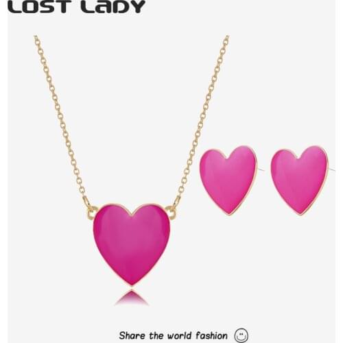 Lost Lady New Fashion Multicolor Enamel Heart Jewelry Set For Women Alloy Pendant Necklace Stud Earrings Wholesale Party Gifts