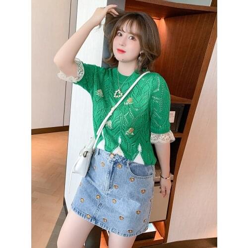 High quality Knitting hollow lace cuff color women summer new hem stitching T-shirt