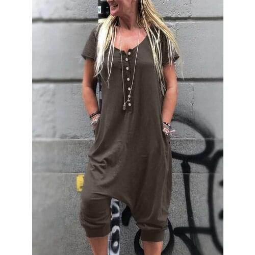 Summer Jumpsuits Women 2021 Vintage Drop-Crotch Casual Overalls Celmia Short Sleeve O-neck Buttons Female Playsuit Solid Rompers