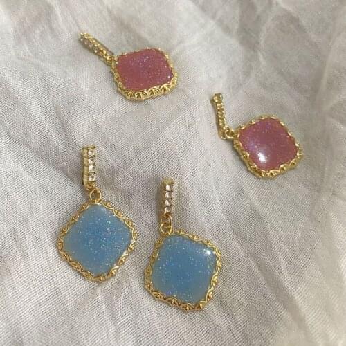 Origin Summer Sweet Pink Blue Color Enamel Earrings for Women Gold Metal Rhinestone Square Geometric Dangle Earrings Pendientes