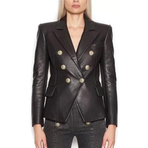 HIGH STREET Newest Baroque Fashion 2021 Designer Blazer Jacket Womens Lion Metal Buttons Faux Leather Blazer Outer Coat