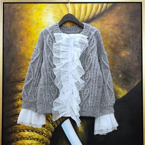 2021 Autumn winter Fashion design womens o-neck long sleeve coarse wool knitted thickening warm lace patched sweater pullover