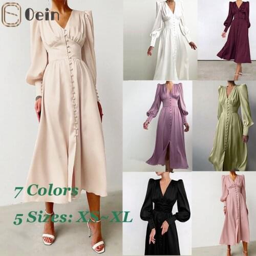 Oein Beige Single Breasted Sexy Dress Party Club High Waist Satin Long Dress Elegant V Neck Women Midi Dresses Lantern Sleeve