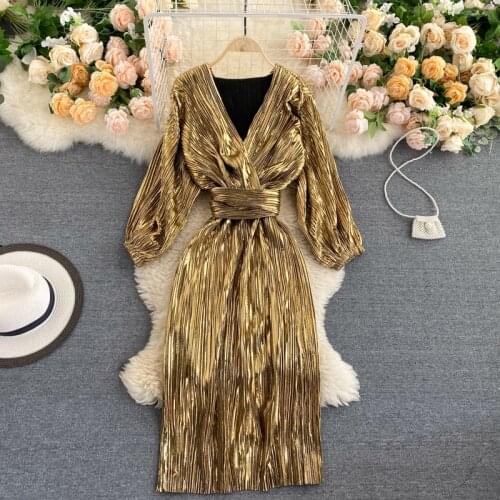 2021 Sexy Deep V Neck Evening Party Dresses For Women Vintage Clothes Gold Shimmer Pleated Elegant Belted Midi Dress