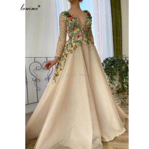 2020 Elegant Floral Prom Dresses Long Sleeves Formal Celebrity Dresses Women Party Night Beading Sexy Red Carpet Ceremony Gowns