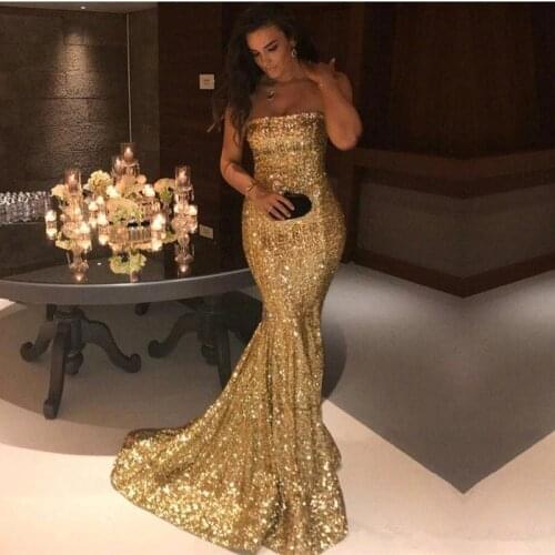 Gold Prom Dresses Mermaid Strapless Sequins Sparkle Crystals Plus Size Long Prom Gown Evening Dresses Robe De Soiree