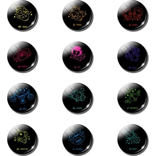 12pcs Cute Pictures 12 Constellation Refrigerator Stickers Zodiac Signs Glass Convex Round Magnetic Fridgemagnet Home Decoration