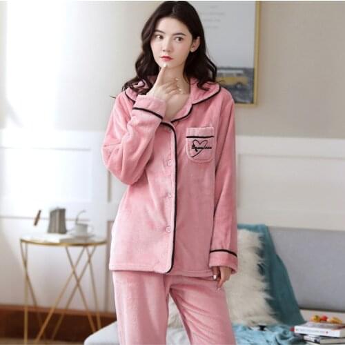 2 Pieces Winter Women Thicken Warm Soft Pajamas Female Flannel Pajamas Set Mujer Long Sleeve Sleepwear for Girls Ladies Pyjamas