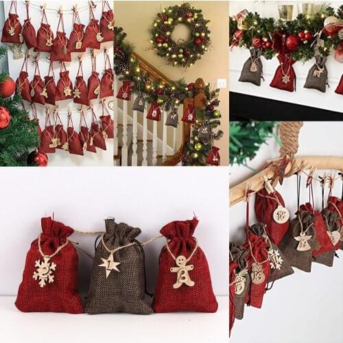 24pc/set Christmas Bag Countdown Calendar Bunch of pocket Linen Burlap Bag Gift Drawstring Candy Packaging Bag