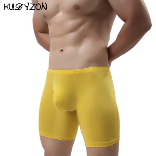 Ice Silk Long Men Boxer Low Waist Solid Men Underwear Boxer Shorts Long Leg Boxers Underpants Sexy U Pouch Boxer Underwear