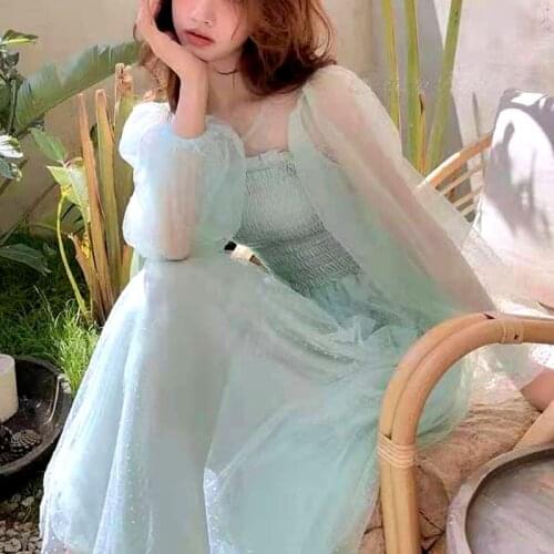 One Piece Maxi Dress Women New 2021 Spring Summer Korean O Neck Elegant Vintage Lace Dots Kawaii Robe Female Beach Party Dresses