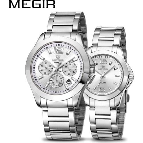 Erkek Kol Saati MEGIR Watch Men Luxury Stainless Steel Lovers Business Watches Waterproof Quartz Wristwatch Set Montre Homme