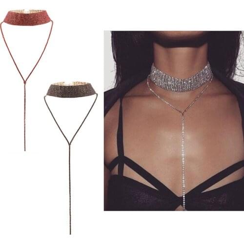 Hot Selling Rhinestone Choker Luxury Crystal Gem Necklace Glitter Collar Chocker Fashion Necklace Long Chain Jewelry for Party