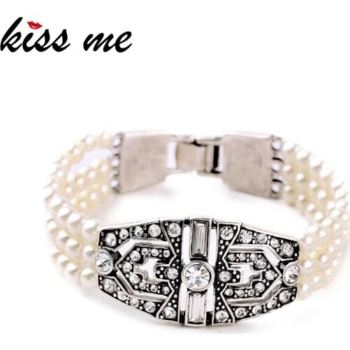 Kissme Delicate Rhinestone Three Layered Acrylic Pearl Bracelets For Women Vintage Silver Color Alloy Chains New Fashion Jewelry