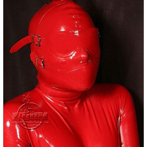 Sexy Red Latex Hood Removable Eyes Mouth Patch Mask with Back Lacing