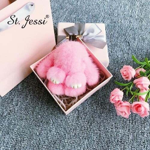 Fur Keychain 10cm Luxury Real Mink Fur Mini Cute Bunny Rabbit Bag Charm Holder Pompon Car Keyring Pendant Accessories