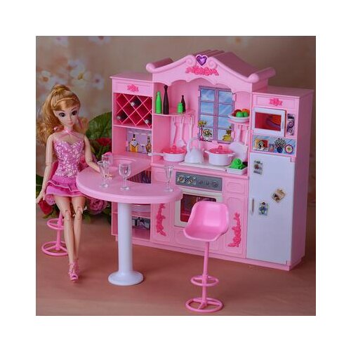 For barbie dining Accessories Kit Lights Kitchen Cabinets Dining Room Furniture Girl Toys barbie accessories and furniture