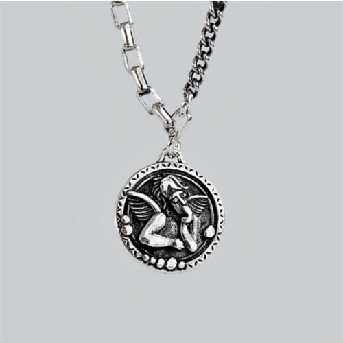 New Retro Thai Silver Angel Coin 925 Sterling Silver Jewelry Round Card Hip Hop Asymmetric Splicing Pendant Necklaces N102