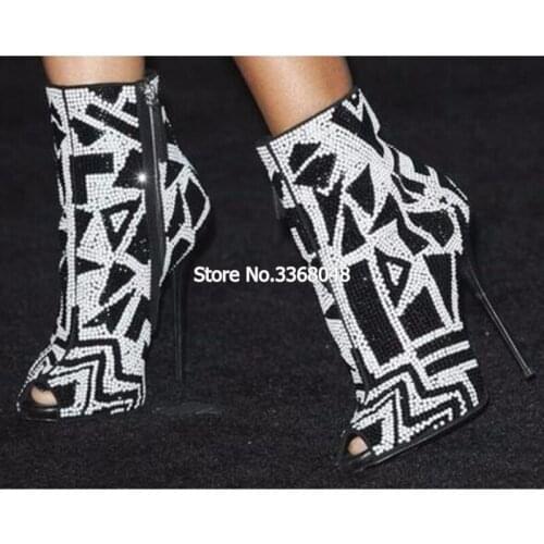 Newest Fashion Classic Bling Bling White Black Crystal Ankle Boots Sexy Peep Toe High Heel Boots For Women Summer 2019