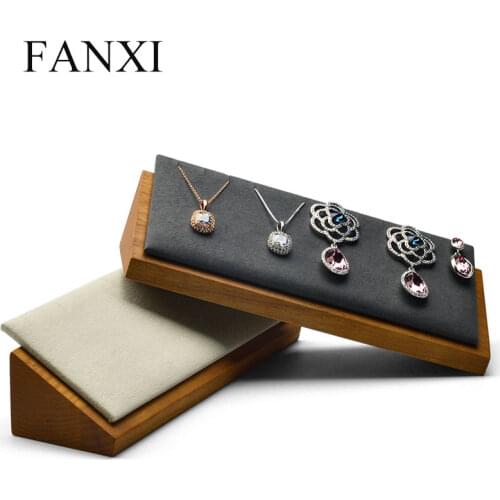 FANXI Solid wood Beige&Dark gray necklace pendant display stand with microfiber Insert for Exhibition Jewelry Earring Holder