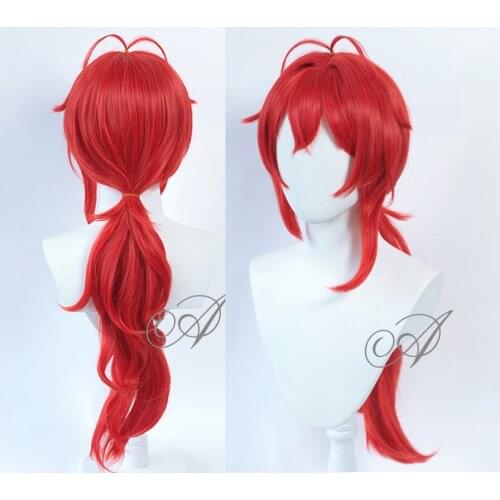 Diluc Wig Genshin Impact Cosplay Red Hair Long Curly Styled Heat Resistant Synthetic Wigs + Wig Cap