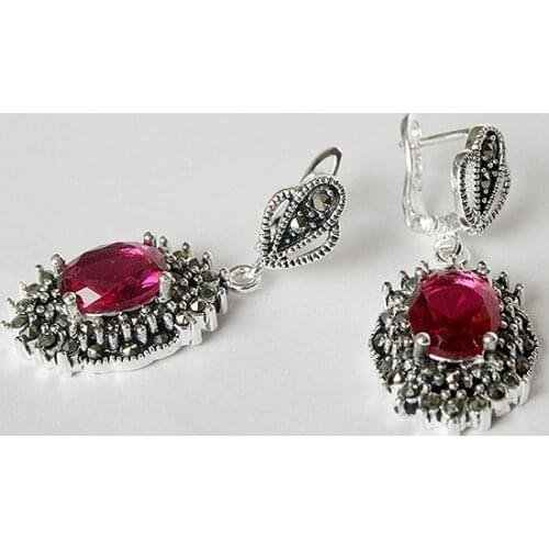 925 STERLING SILVER HOT PINK FACETED MARCASITE EARRINGS 11/2" BEST GIFT