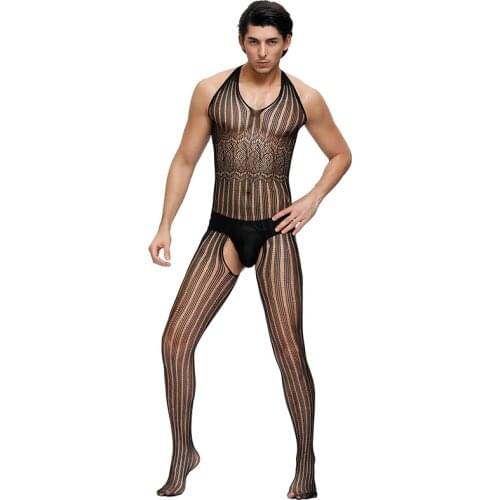 Stripe Open Back Fishnet Body Stocking Halter Crotchless Men Bodystocking Pantyhose Latex Gay Transparent Sexy Intimates MPS156