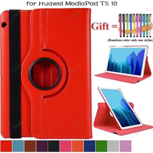 360 Rotating Litchi Flip Stand Leather Cover for Huawei MediaPad T5 10 AGS2-W09/L09/L03/W19 10.1 Inch Tablet Case + Stylus Pen