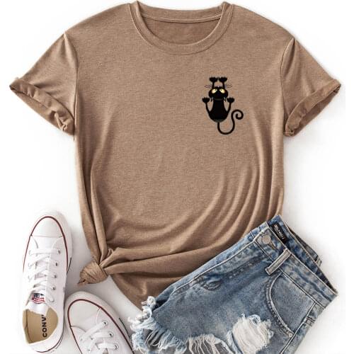 Cats Shirt Pocket Black Cat Women Short Sleeve Colored Casual T-Shirt Summer Graphic Tee Shirts Female Clothes Tops Shirt
