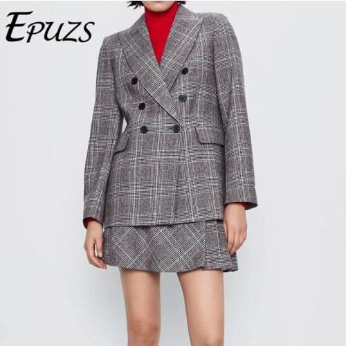 Vintage Pocket Oversize Jacket Coat 2021 Spring Women Fashion Slim Plaid Double breasted Jacket +Casual Loose Chic Mini Skirt
