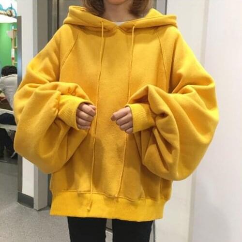 Fanco Long Lantern Sleeve Womens Yellow Hoodies Sweatshirts Oversized Tracksuits Plus Size Hooded Pullovers Tops Sweat Femme